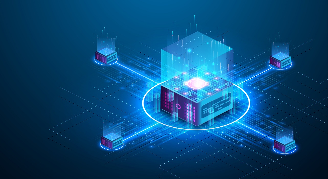  A representation of edge computing data centers with a glowing central core and four servers connected to it.